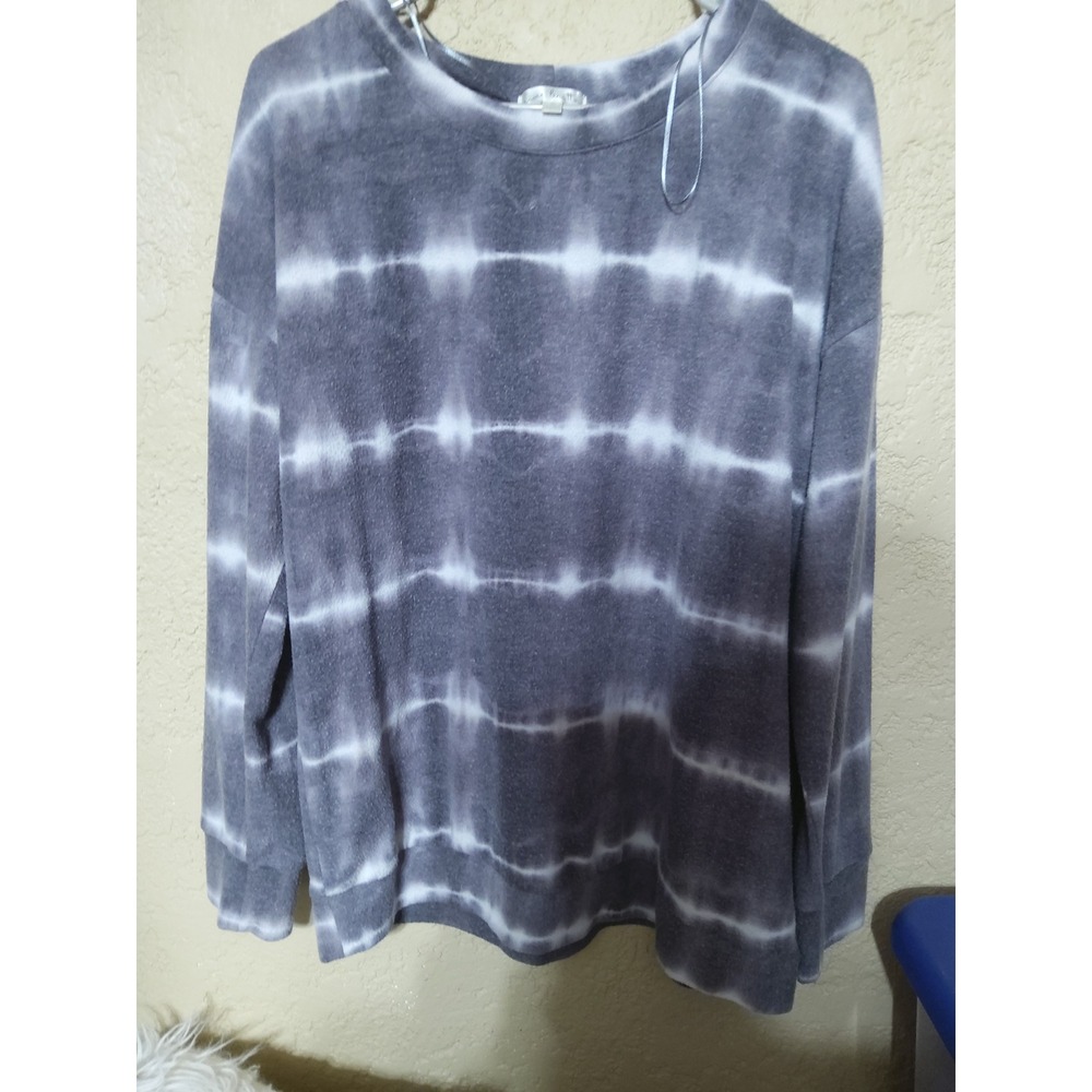 Nine Britton Womens XL Grey White Tie Dye Stripe Long Sleeve Crew Neck Top